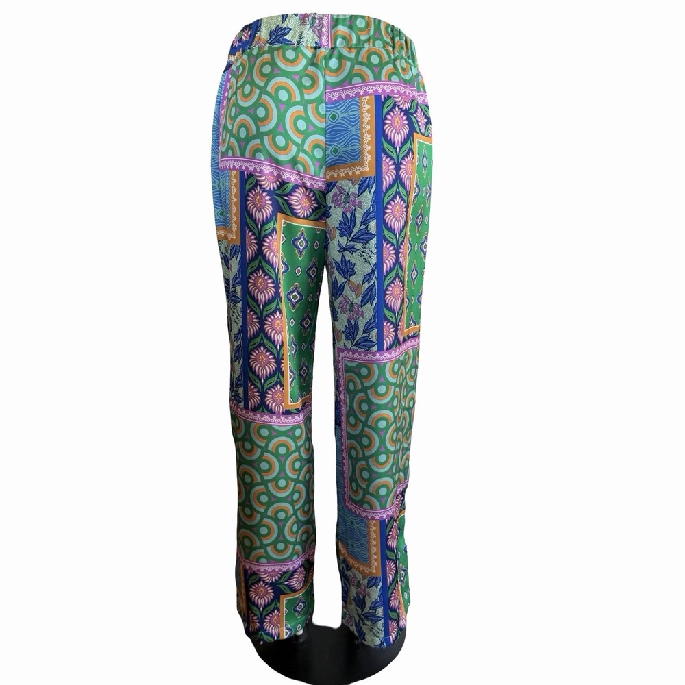 Rachel Zoe Patchwork Palazzo Pants Sz L Wide Leg • Scarf Print Resort Wear Boho - Picture 4 of 12